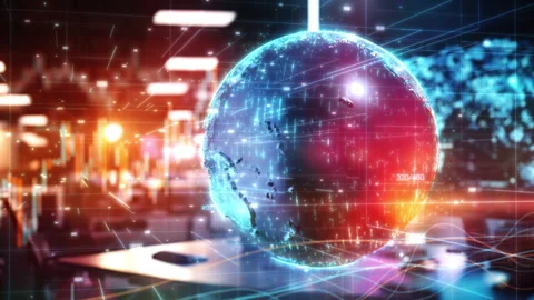 Digital world showing global connectivity and data flow in a modern office Stock Footage 294306086