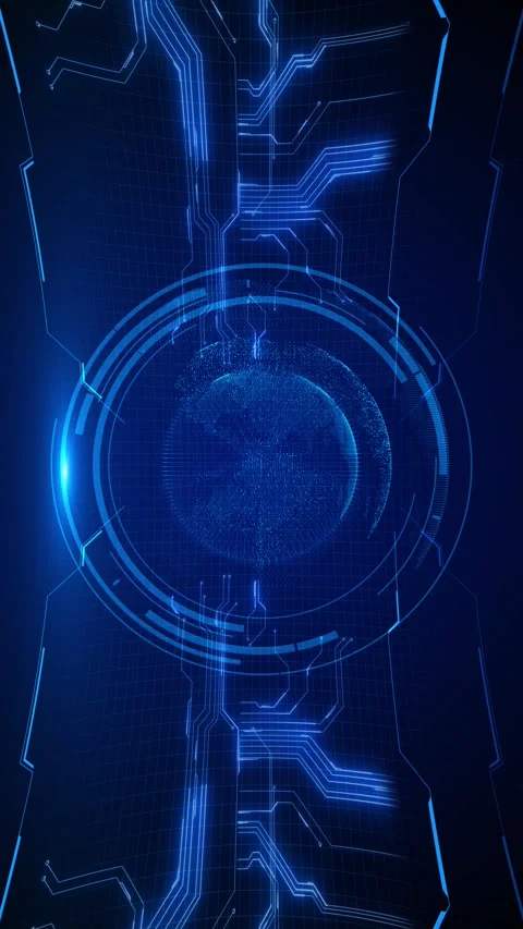 Digital world technology screen blue globe, glowing HUD circles, circuit frame Stock Footage 334129477