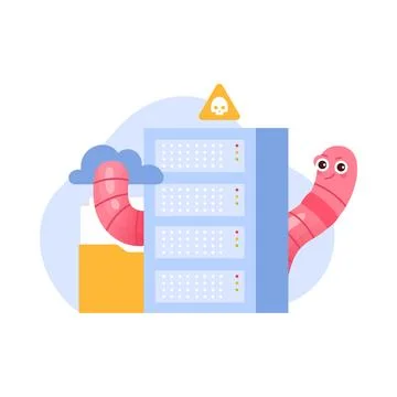 Digital Worms Represented in a Colorful Cloud Server Environment with a Playful Stock Illustration