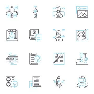 Digital writing linear icons set. Online, Keyboard, Text, Blog, Article, Content 스톡 일러스트