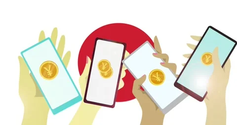 Digital yen on smartphone screen in hands of people holding smartphones on b Stock Footage 235832051
