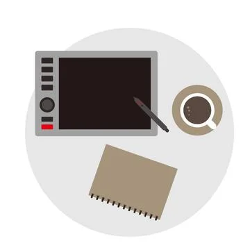Digitale Platte, Kaffeetasse und Notebook flache Vektor-Illustration Digit... Stock Photos