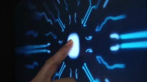 Digitalization concept: The human finger Turns on the Touch screen button and ac Stock Footage 149406430