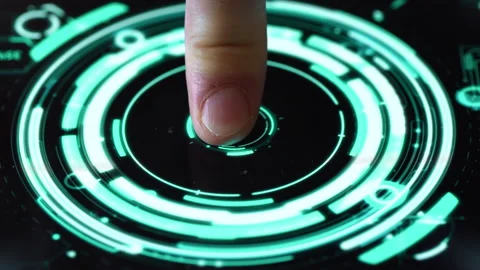 Digitalization, hud. Human Finger Turns on Touch Screen Button zoom out shot Stock Footage 201306709