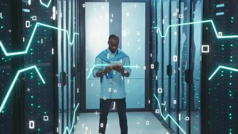 Digitalization of Information. Black Young Server Administrator with Digital Foto stock