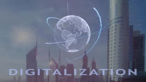 Digitalization text with 3d hologram of the planet Earth against the backdrop of Stock-Fotos