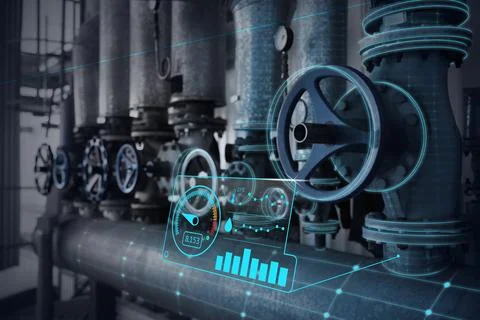 Digitalization, user interface to control processes. Pump valves at product.. Stock Photos