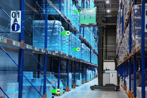 Digitalization, user interface to control processes. Warehouse with virtual.. Stock Photos
