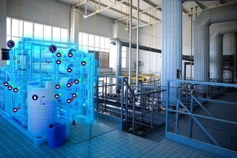 Digitalization, user interface to control processes. Different equipment at.. Stock Photos