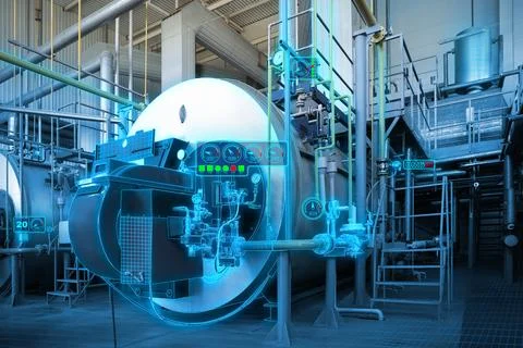 Digitalization, user interface to control processes. Different equipment at.. Stock Photos