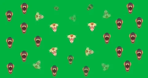 Digitally animation of multiple bear and tiger jaw icons against black Stock Footage 325645770