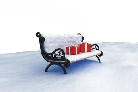 Digitally composite image of gift boxes on park bench Ilustração Stock