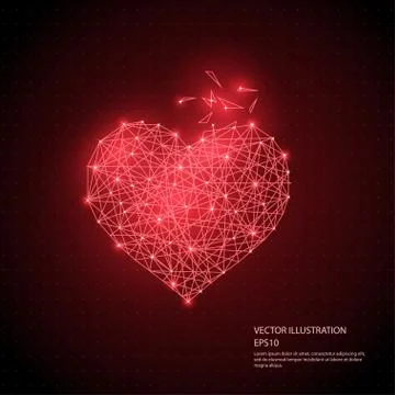 Digitally drawn heart low poly wireframe isolated on black background. Stock Illustration