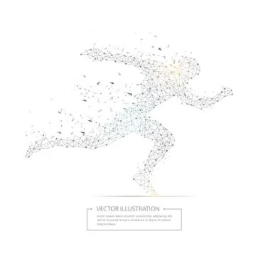 Digitally drawn running man black low poly wire frame. Stock Illustration