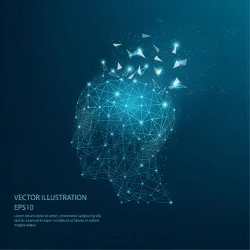 Digitally drawn thinkers head and brain low poly wire frame. Stock Illustration