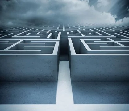 Digitally generated big 3d maze under clouds Stock Photos