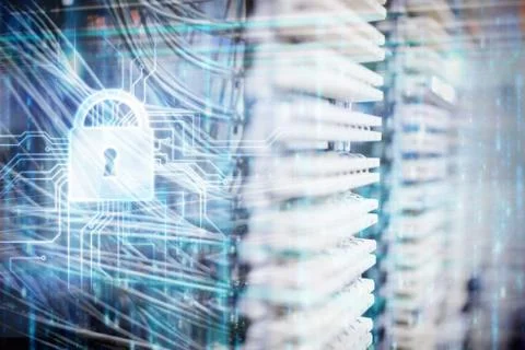 Digitally generated black and blue matrix against view of data technology Stock Illustration