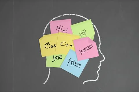 Digitally generated Chalk head with coding post it notes Stock Illustration