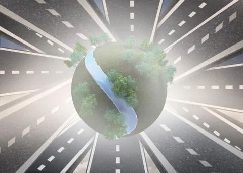 Digitally generated earth floating over streets Ilustração Stock