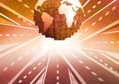 Digitally generated earth floating over streets Ilustração Stock