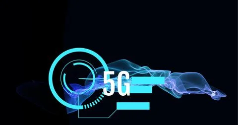 Digitally generated image of 5g text over digital waves against black background Stock Illustration