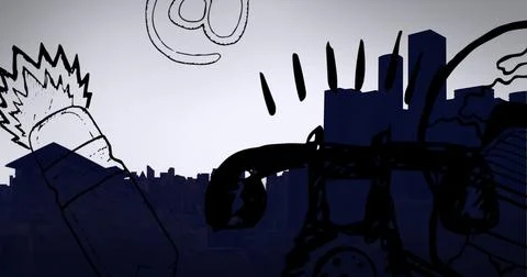 Digitally generated image of abstract digital icons over cityscape against grey Foto stock