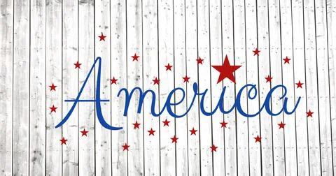 Digitally generated image of america text against multiple stars on wooden Stock Illustration