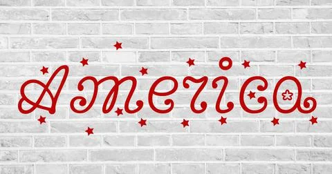 Digitally generated image of america text and multiple stars against grey brick Illustrazione stock