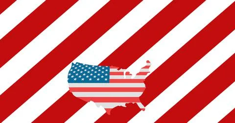 Digitally generated image of american flag on usa map over red and white striped Ilustração Stock