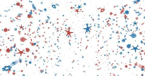 Digitally generated image of blue and red stars and snowflakes against white Stock Illustration