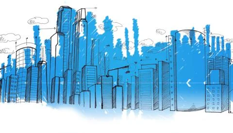 Digitally generated image of blue city skyline Stockillustratie