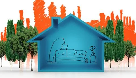 Digitally generated image of blue house against trees Ilustración de archivo