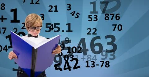Digitally generated image of boy reading book with numbers flying against Fotos de archivo