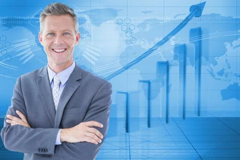 Digitally generated image of businessman with graph and world map in background 스톡 사진