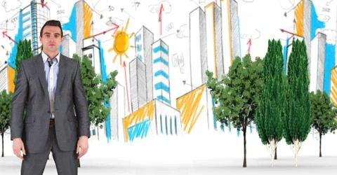 Digitally generated image of businessman with trees and buildings in background Fotos de archivo