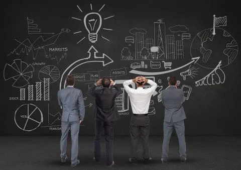 Digitally generated image of bussiness professionals looking at blackboard Fotos de archivo