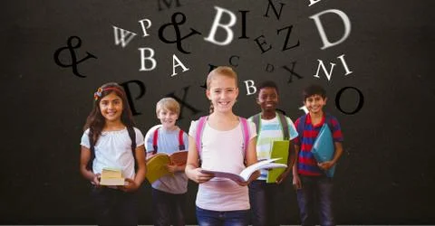 Digitally generated image of children holding books with letters flying against 写真素材
