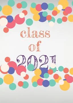 Digitally generated image of class of 2021 text against multiple colorful spots Stock Illustration