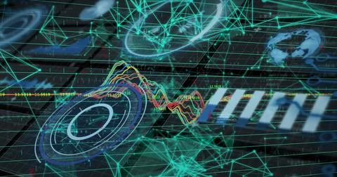 Digitally generated image of colorful waves with connecting dots and computer Stock Photos