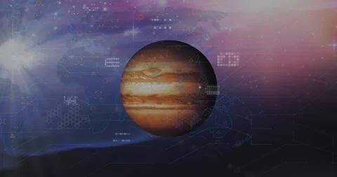 A digitally generated image of data processing over a world map on black Stockfoto's