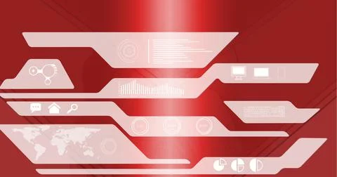 Digitally generated image of digital interface with data processing against red Ilustração Stock