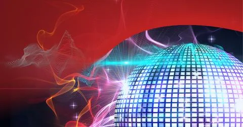 Digitally generated image of digital waves and disco ball against red technology Illustrazione stock