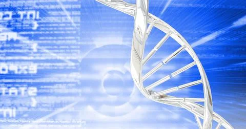 Digitally generated image of dna structure against data processing on blue Stock Illustration