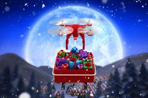 Digitally generated image of  flying drone pulling Chirstmas sledge against c イラスト素材