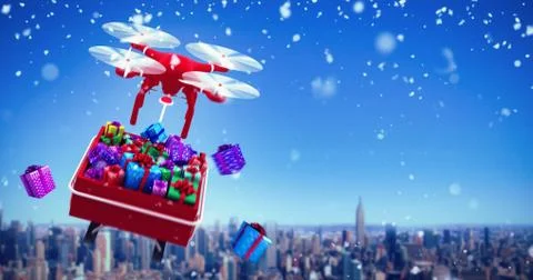 Digitally generated image of  flying drone pulling Chirstmas sledge against a イラスト素材
