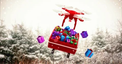 Digitally generated image of  flying drone pulling Chirstmas sledge against s Stock Illustration