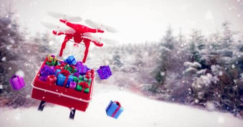 Digitally generated image of  flying drone pulling Chirstmas sledge against s イラスト素材