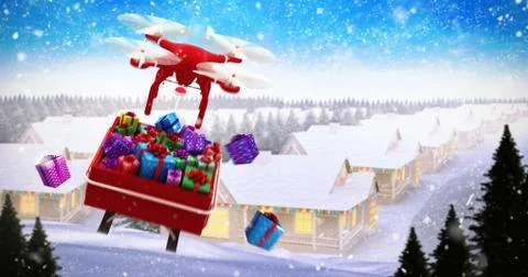 Digitally generated image of  flying drone pulling Chirstmas sledge against w Stockillustratie
