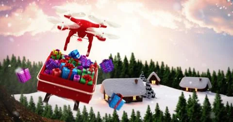 Digitally generated image of  flying drone pulling Chirstmas sledge against c Illustrazione stock
