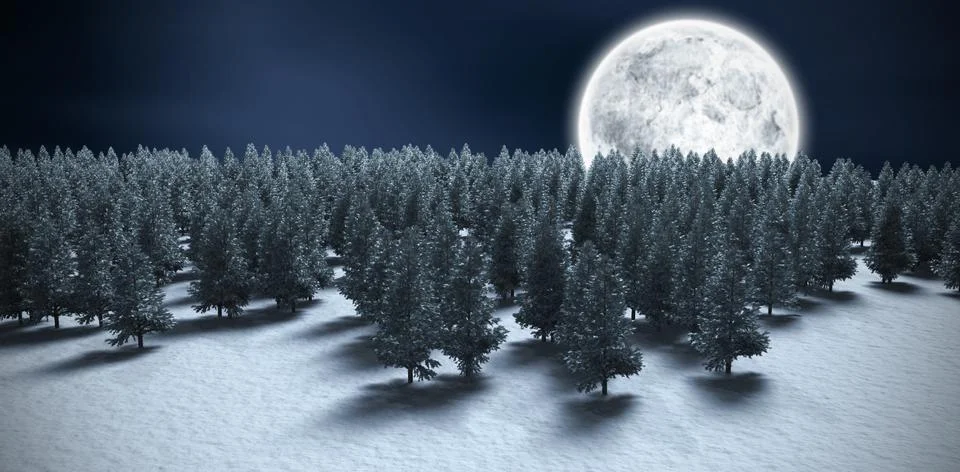Digitally generated image of forest on snowy field during winter against blue Stock-Illustration